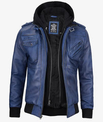 Men's Blue Wax Leather Jacket With Hood JNM-0017
