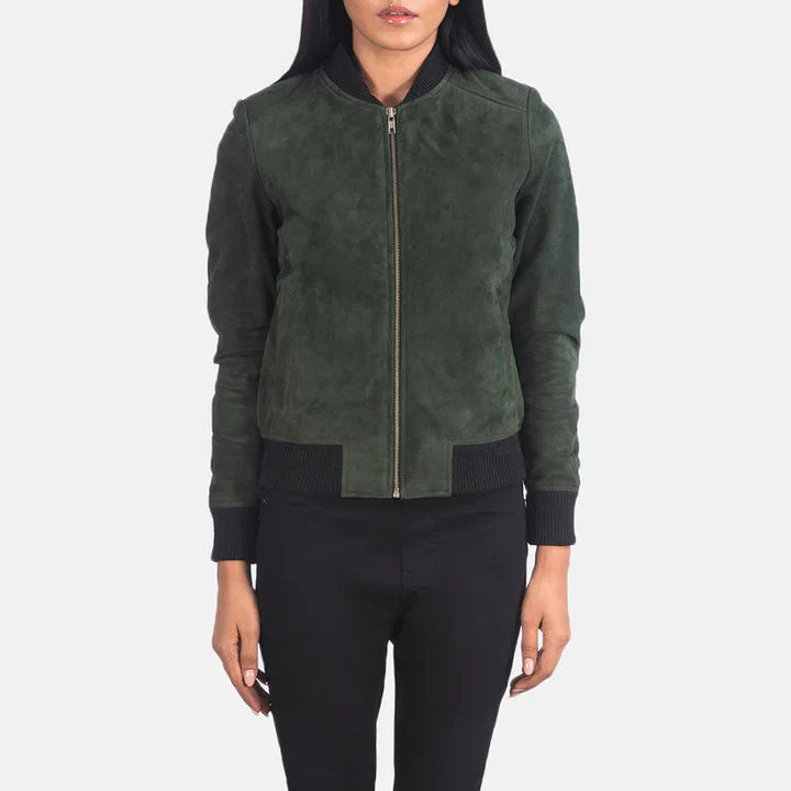 Green Suede Bomber Jacket Real Leather JNW-0011