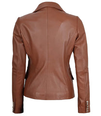 Premium Double Breasted Brown Leather Blazer Women JNW-0091