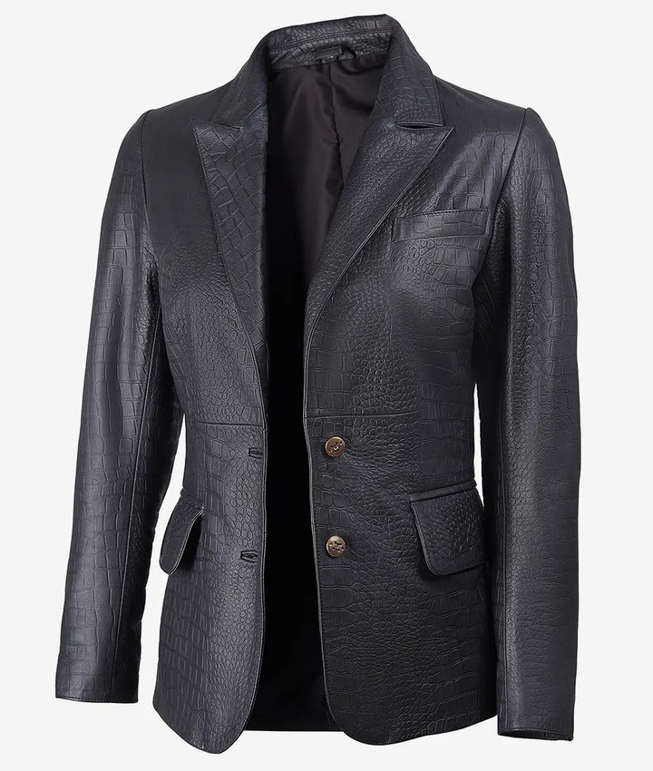 Women's Premium Leather Crocodile Textured Black Blazer JNW-0095
