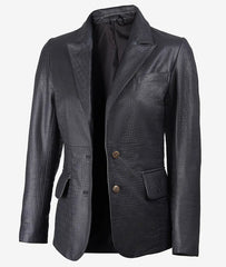 Women's Premium Leather Crocodile Textured Black Blazer JNW-0095