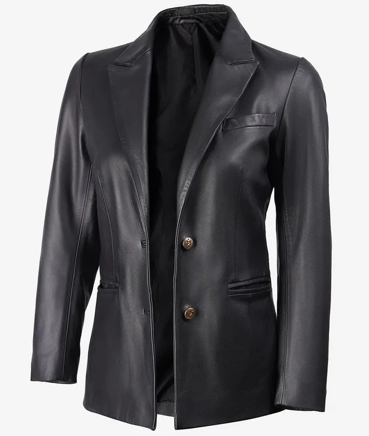 Women's Premium Two Button Black Leather Blazer - Peak Lapel JNW-0110