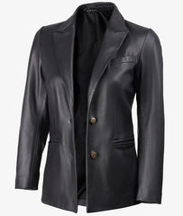 Women's Premium Two Button Black Leather Blazer - Peak Lapel JNW-0110