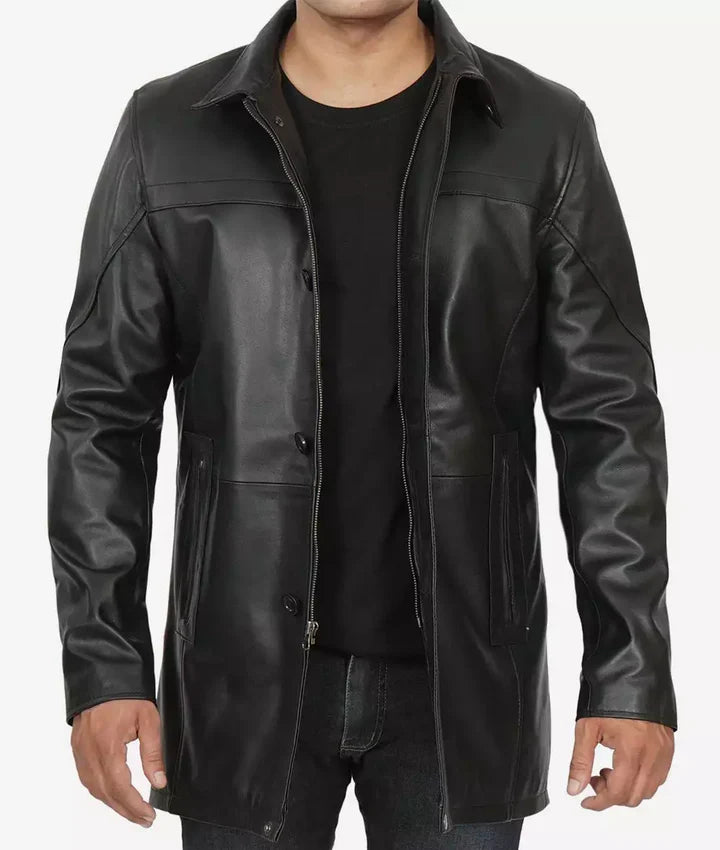Bristol Men's Black Leather Car Coat - 3/4 Length Coat JNM-0075