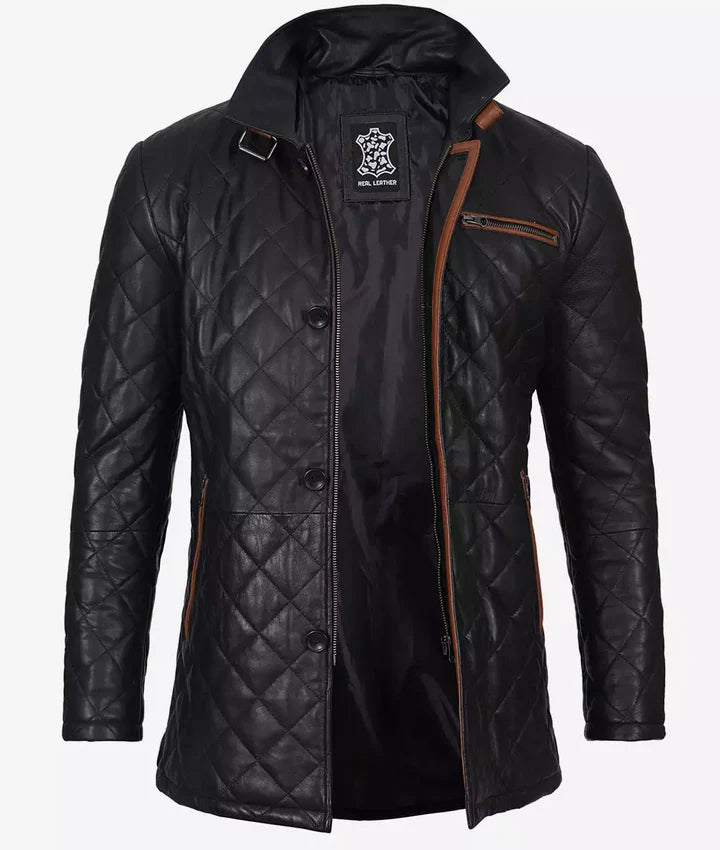 Men's Black Diamond Quilted Leather Car Coat With Brown Detailing JNM-0076