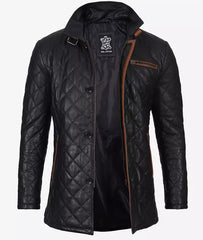 Men's Black Diamond Quilted Leather Car Coat With Brown Detailing JNM-0076