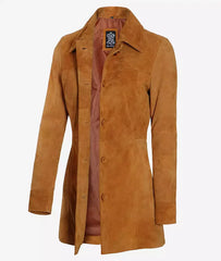 Women's 3/4 Length Button Down Brown Suede Coat JNW-0107