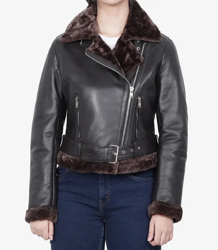 Women's Asymmetrical Shearling Leather Jacket JNW-0064