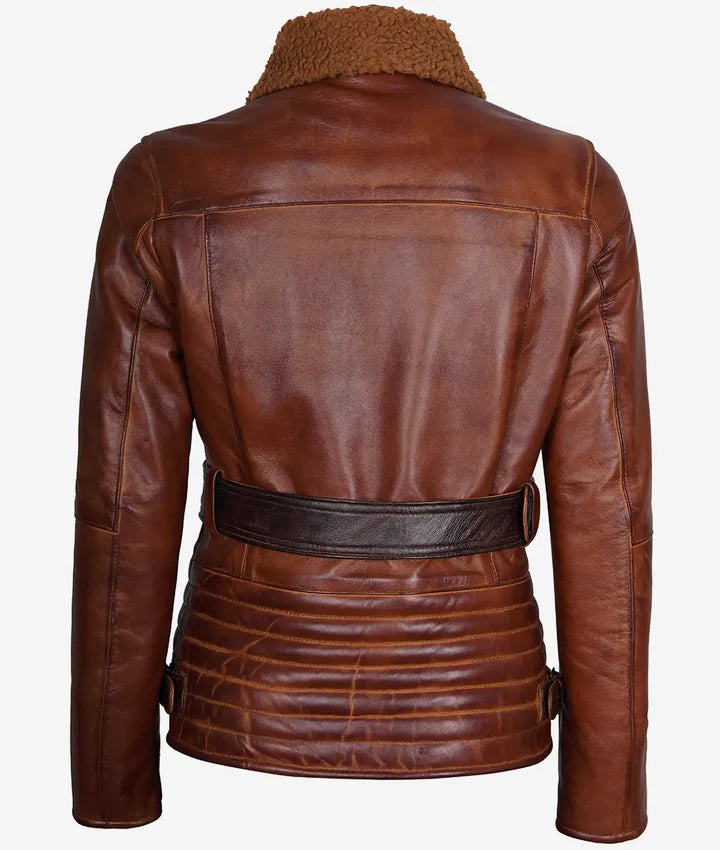 Women's Brown Moto Sherpa Leather Jacket JNW-0068
