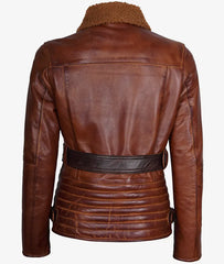 Women's Brown Moto Sherpa Leather Jacket JNW-0068