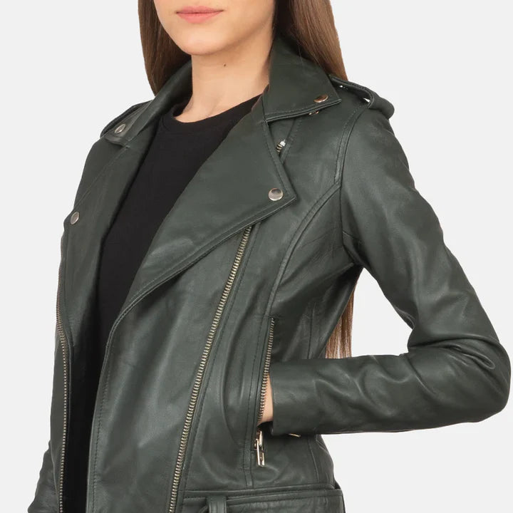 Green Real Leather Biker Jacket JNW-0010